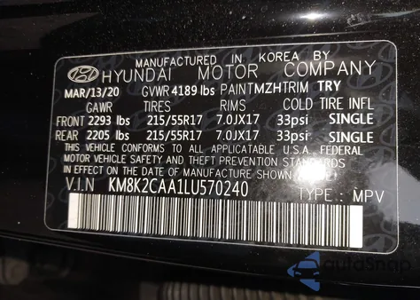 2020 Hyundai Kona Sel z USA, uszkodzony, nr VIN KM8K2CAA1LU570240